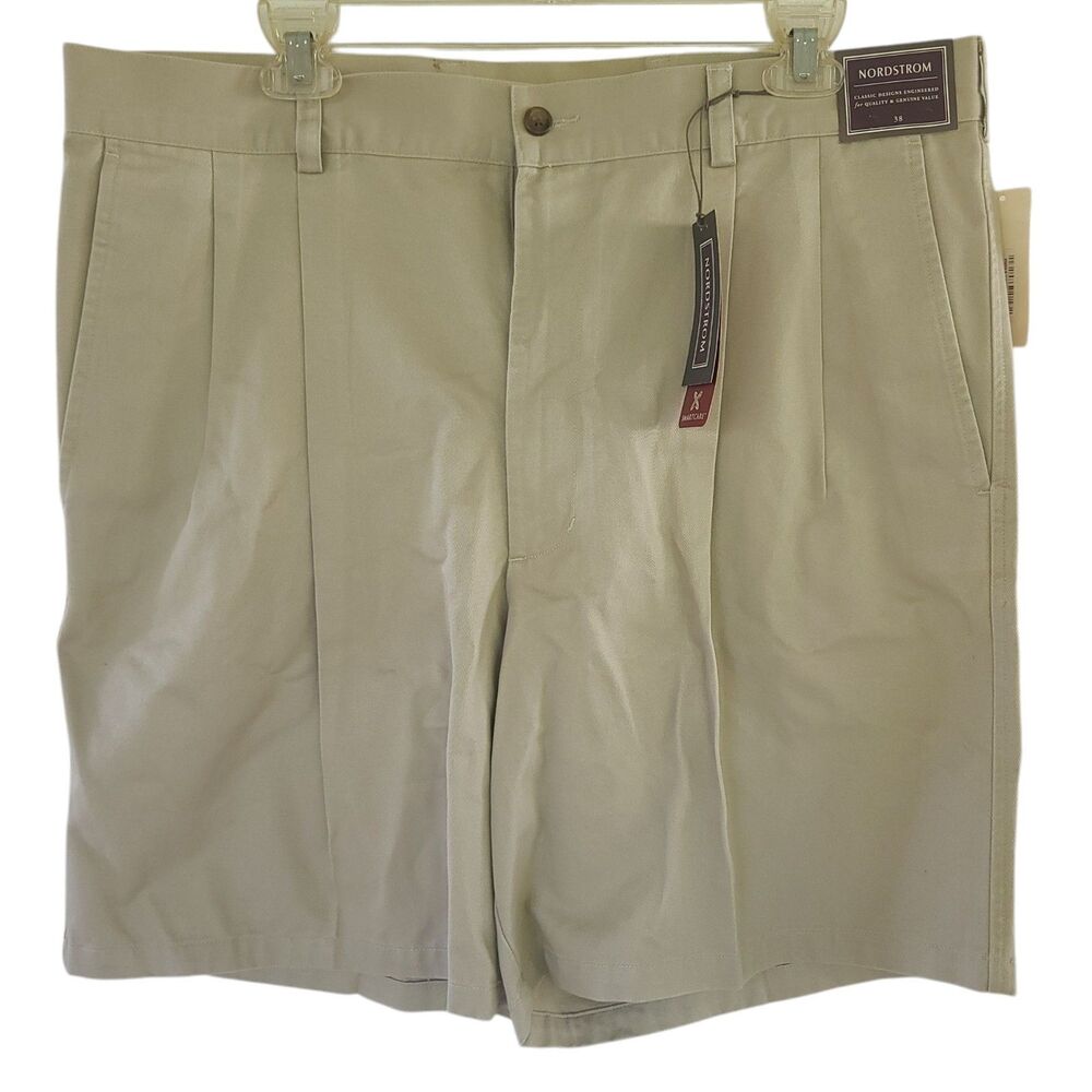 NWT NORDSTROM SmartCare Wrinkle Free SHORTS Khaki CHINO Stretch Pleats Men Sz 38